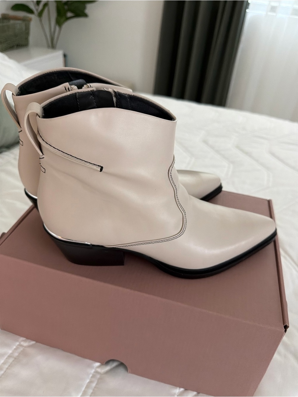 Franco Sarto Cream Pointed Ankle Booties with Low Stacked Heel